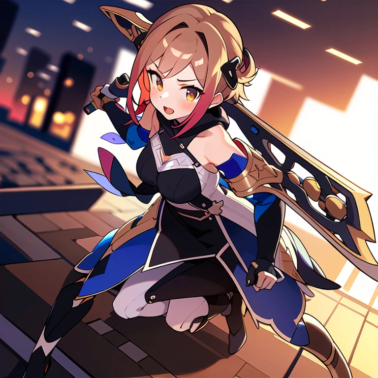 colorful , masterpiece, best quality, 1girl, weapon, solo, fantasy weapon, ((blurry background)), orange, green, violet, brown, white, dutch angle, combat,
