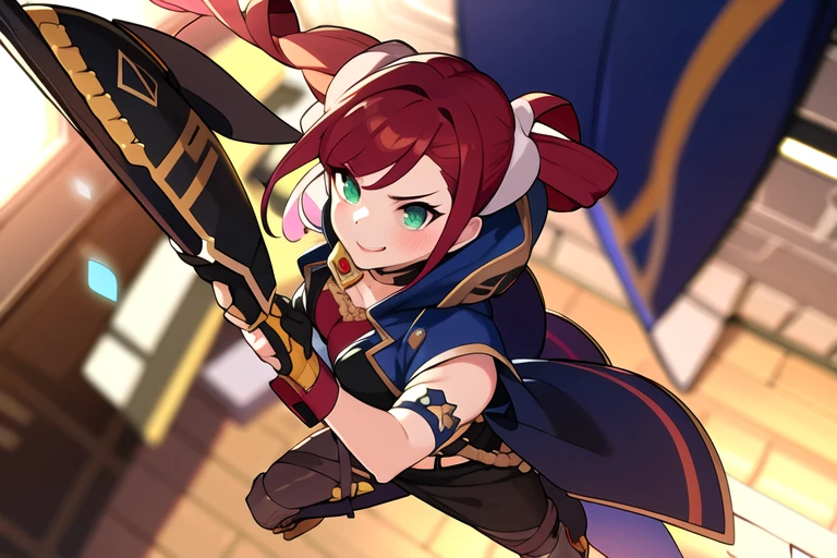 colorful , masterpiece, best quality, 1girl, weapon, solo, fantasy weapon, ((blurry background)), orange, green, violet, brown, white, dutch angle, combat, from above,
