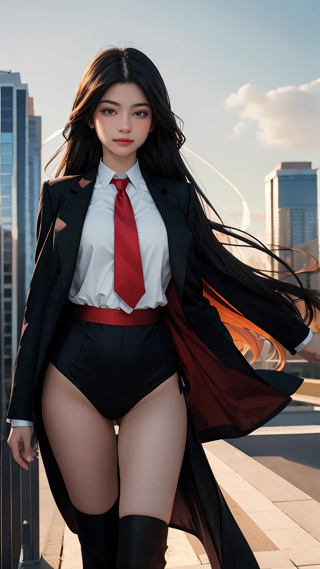 ((Masterpiece, best quality, very detailed), Volumetric light, surrounding occlusion, Rich and colorful, glow), 1 woman, , young girl, (Smooth black), long hair, radius, sacred, goddess, CEO Luke, (black suit, White shirt and red tie:1.3), long coat, wind whirlpool orb on hands, outdoor, sunset, sky, cloud, (Fantasy Theme:1.2), (full body:0.8)