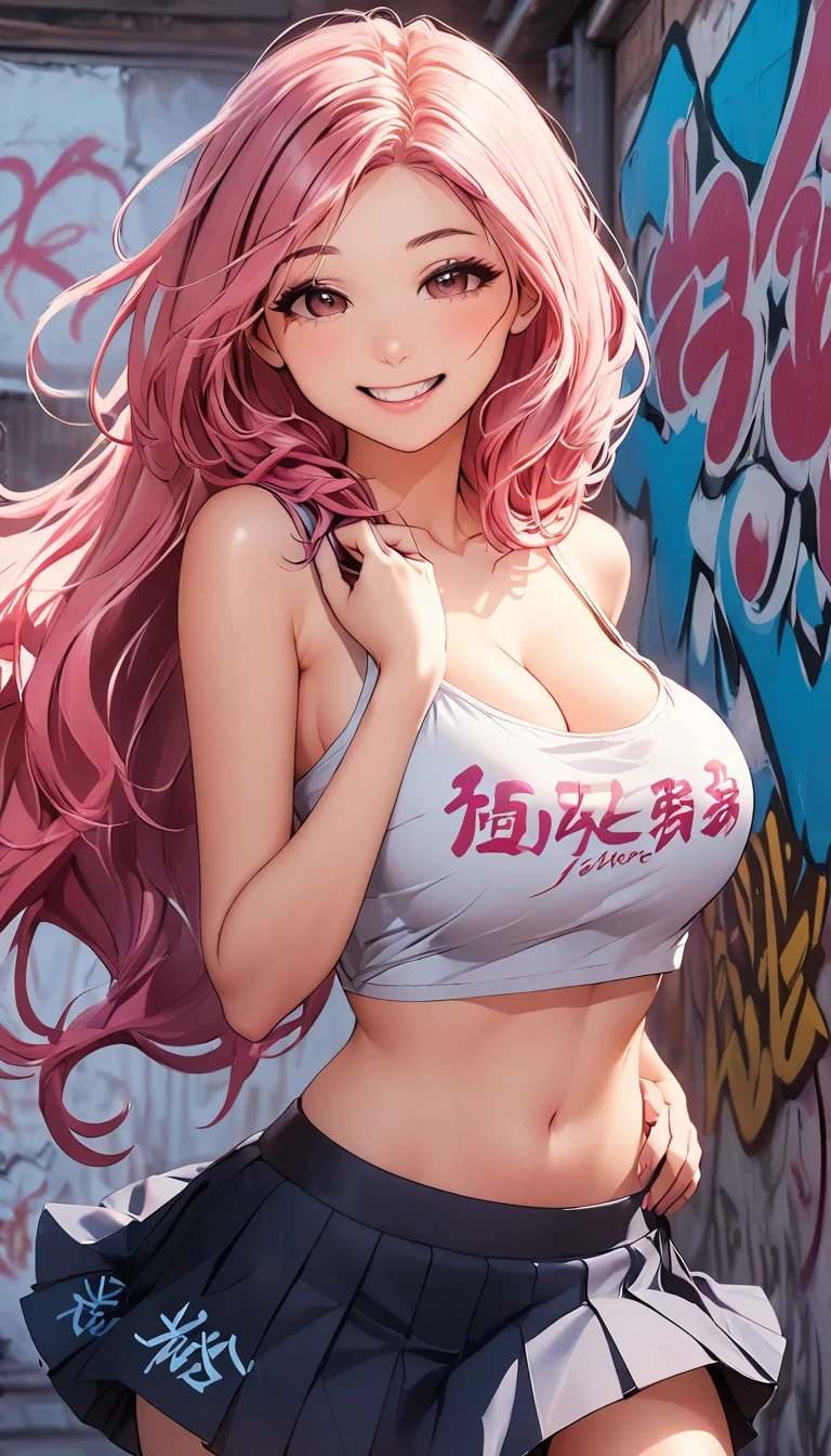 Beauthfull　hypdertailed　pink gradient hair　ssmile　embarrassing, beautiful full breasts without a shirt ,The wind blows my skirt　Photograph the entire body, ::fund, mixed language_text, Japanese graffiti letters