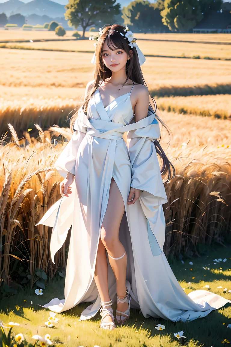 Masterpiece, best quality, very high, details illustration, Portrait, details, A girl stands in a wheat field., alone, long hair, set, flower, white hanfu, smile, full body, white flower, bare shoulders, very long hair, aqua hair, gag, Facing the audience, smooth,