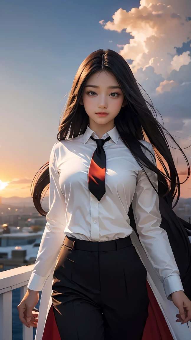 ((Masterpiece, best quality, very detailed), Volumetric light, surrounding occlusion, Rich and colorful, glow), 1 woman, , young girl, (Smooth black), long hair, radius, sacred, goddess, CEO Luke, (black suit, White shirt and red tie:1.3), long coat, wind whirlpool orb on hands, outdoor, sunset, sky, cloud, (Fantasy Theme:1.2), (full body:0.8)