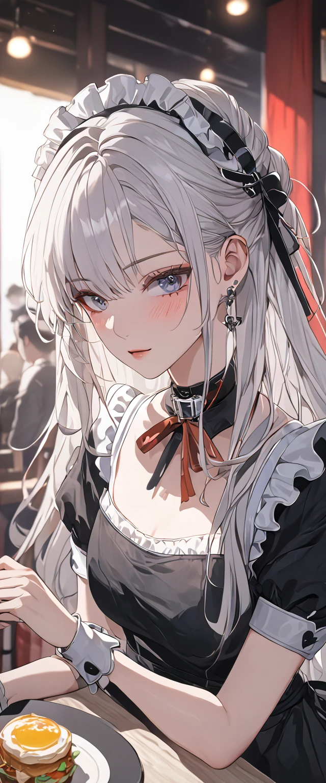 silver hair, anime, anime style, Gothic art, cinematic lighting, social media composition, perspective, UHD, retina, masterpiece, accurate, anatomically correct, textured skin, super detail, high details, high quality, award winning, best quality, highres, 16k, HD, UHD, unaestheticXL_bp5, (negative_v2 Color_Balance_Calibration:0.8), (SuperQuality:1.0) ~ (SuperQuality:1.2), AissistXLv2, badhandv4, maid, maid cafe, elegance