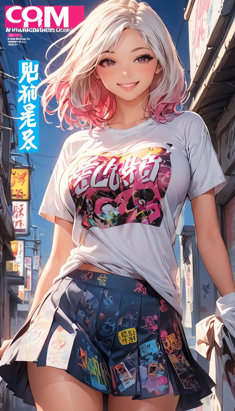 Beauthfull　pink gradient hair　ssmile　embarrassing　blush　breasts fed up with　sheer white underwear　　The wind blows my skirt　Photograph the entire body, ::fund, mixed language_text, Japanese graffiti letters, gals, LONG white hair, Excellent lighting, side lighting, perfect ending, mecha  (plain color: 1.3), (magazine magazine_cover: 1.4), (multicolor_fund: 1.3), striped_fund, card_fund, :: comix style by joe madureira :: circular pieces of white metals glued to the ultra-detailed arms emitting a sparkling glow, perfect and detailed, ultra detailed shirt with abstract design and Japanese graffiti lettering print on the sides of the garment, image of gals with big breast