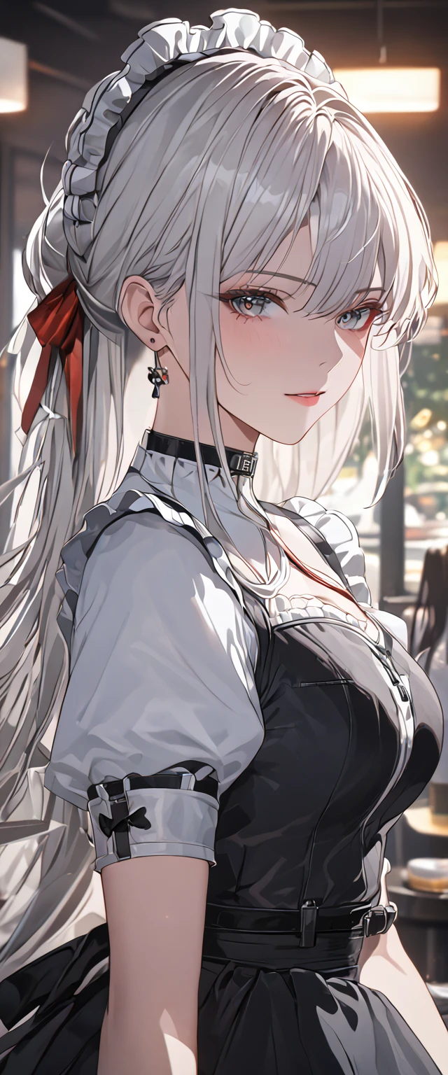 silver hair, anime, anime style, Gothic art, cinematic lighting, social media composition, perspective, UHD, retina, masterpiece, accurate, anatomically correct, textured skin, super detail, high details, high quality, award winning, best quality, highres, 16k, HD, UHD, unaestheticXL_bp5, (negative_v2 Color_Balance_Calibration:0.8), (SuperQuality:1.0) ~ (SuperQuality:1.2), AissistXLv2, badhandv4, maid, maid cafe, elegance, dramatic lighting