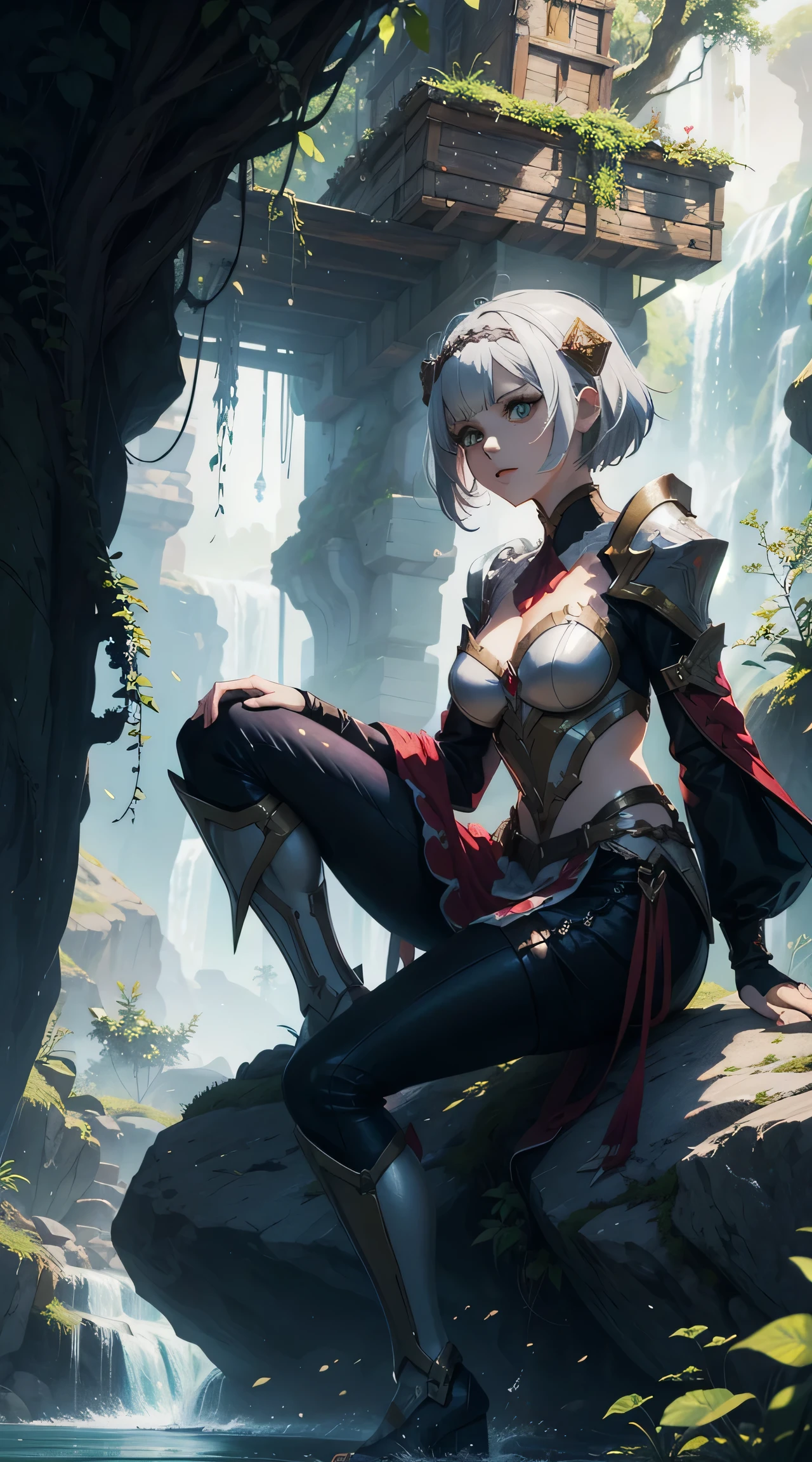 ((masterpiece)),(bestquality),((ultra-detailed)), anime, a woman with white hair sitting on a rock in front of a waterfall, fantasy art style, anime fantasy artwork, beautiful fantasy art, white haired deity, anime fantasy illustration, detailed fantasy art, fantasy style art, digital 2d fantasy art, fantasy art illustration, epic fantasy art style hd, epic fantasy art style, hd fantasy art, detailed fantasy digital art