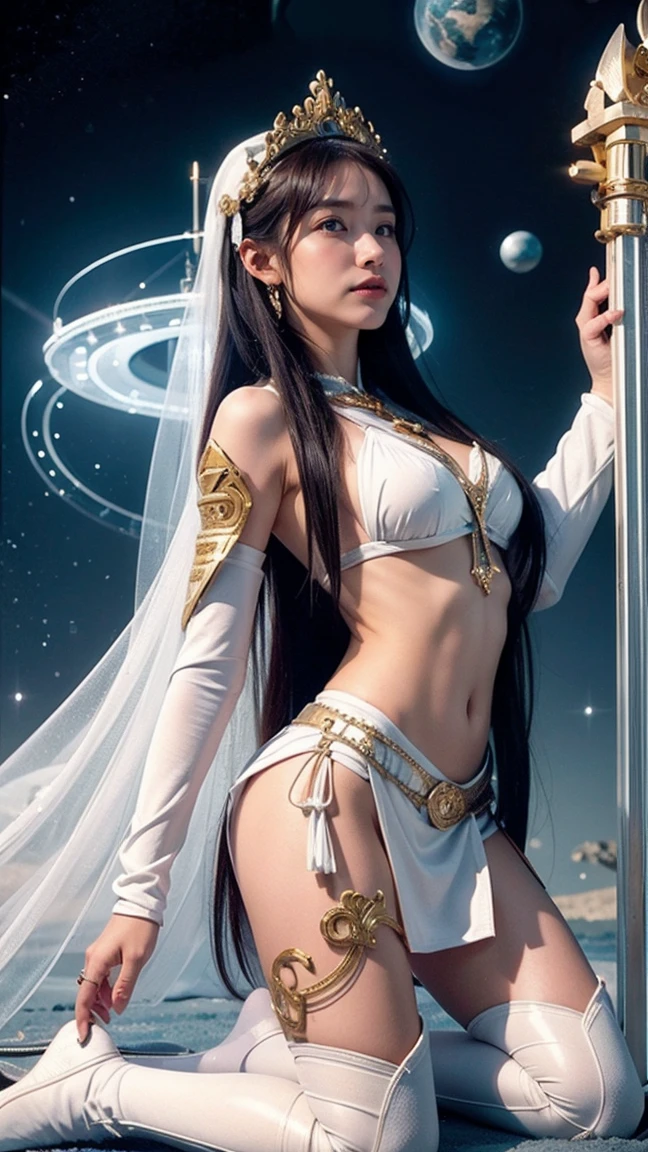 1girl, The Universe, Space Goddess,God's Law, Goddess of Love, Selflessness、Dedication、Sacrifice、prayer、acceptance、White Magic, Mystical veil, Goddess in white bikini armor、White armor with gold edges、White Skirt、White Boots、He is holding a shield.、Circlet、Absorb all laser beams、Emits white energy in all directions、smile