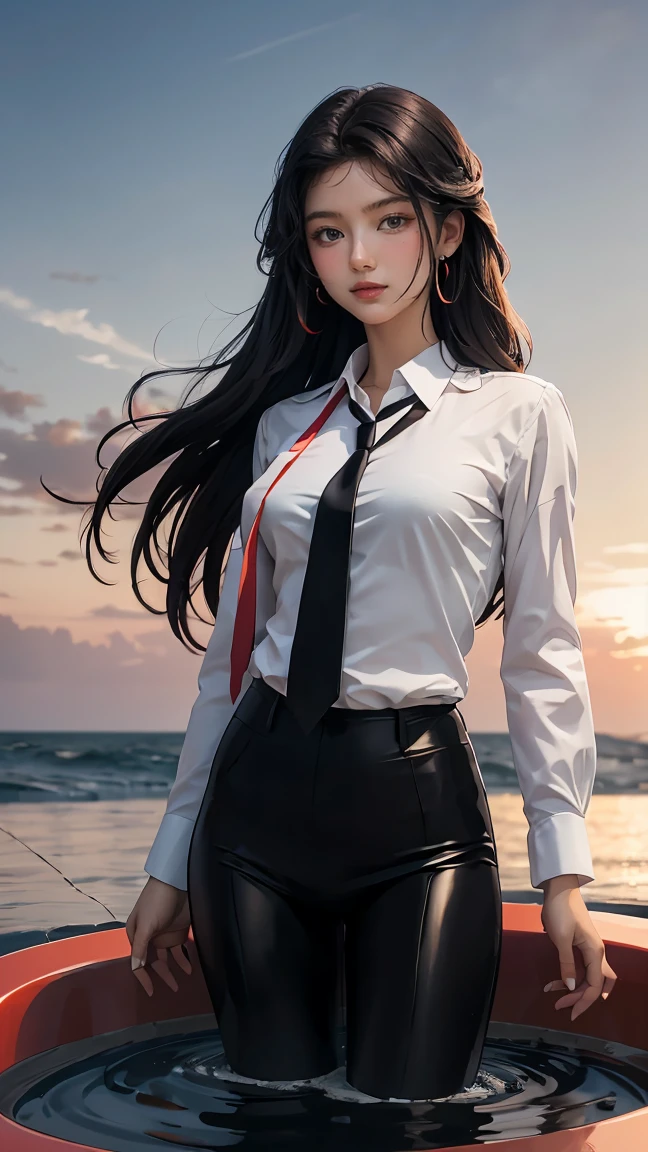 ((Masterpiece, best quality, very detailed), Volumetric light, surrounding occlusion, Rich and colorful, glow), 1 woman, , young girl, (Smooth black), long hair, radius, sacred, goddess, CEO Luke, (black suit, White shirt and red tie:1.3), long black coat, ((wind whirlpool orb on hand)), outdoor, sunset, sky, cloud, (Fantasy Theme:1.2), (full body:0.8)