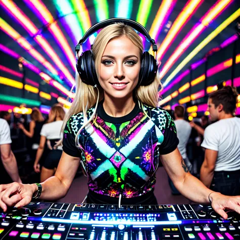 a dj plays on the dj's desk, headphones on her head, raw, photography, (masterpiece) a full-body portrait of a beautiful blonde,...