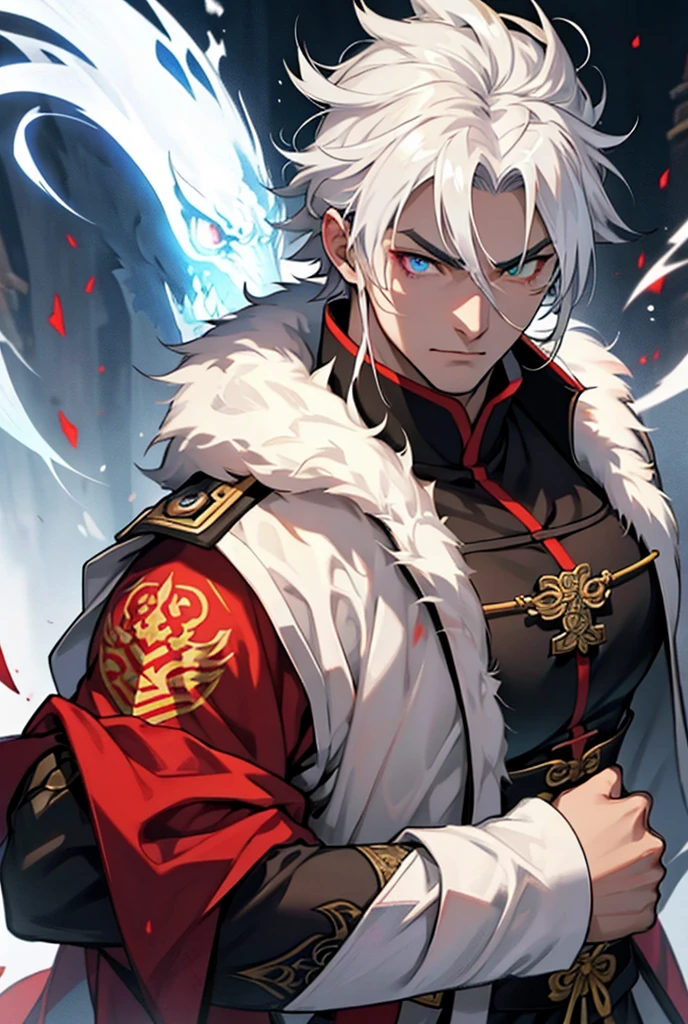 独奏, anatomically correcte, vampyre, warrior, paladin, White hair, heterochromia, golden eye, confident, safe, brawny, stark, Cao Cao, muito Cao Cao, muito stark, Russian general&#39;s outfit, gold Crown.bangs between eyes, hair with highlights, slickedback hair, Seriously, 