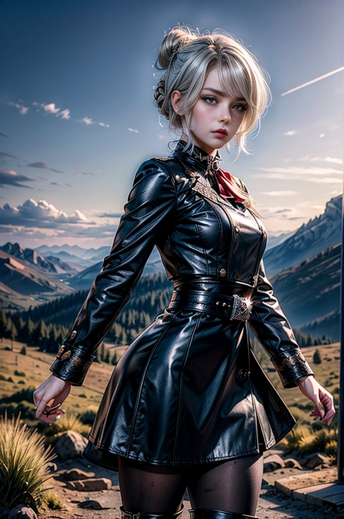 masterpiece,best quality, masterpiece, high detail,detailed face,detailed eyes,rendered eyes,perfect eyes,hip lines,crisp image,detailed,amazing,8k,8k wallpaper,8k background,high detailed skin,high res, (((cowboy shot))), solo, 1girl,looking at viewer,WillowSchnee, white hair tied up in a bun, low on the right side of the back of her head, while her bangs are shaped around the left side of her face and a small, curled lock of hair reaching almost to her shoulders. her attire consists of a black dress, white cravat secured by a silver brooch set with a red stone,  a wide belt around her waist,  black tights and red shoes. serious expression, outdoors, standing near mansion, wedding reception, on mountainside, overlooking valley, river,  (crowd in military uniforms), tables (volumetric lighting), sharp focus, hyper detailed 