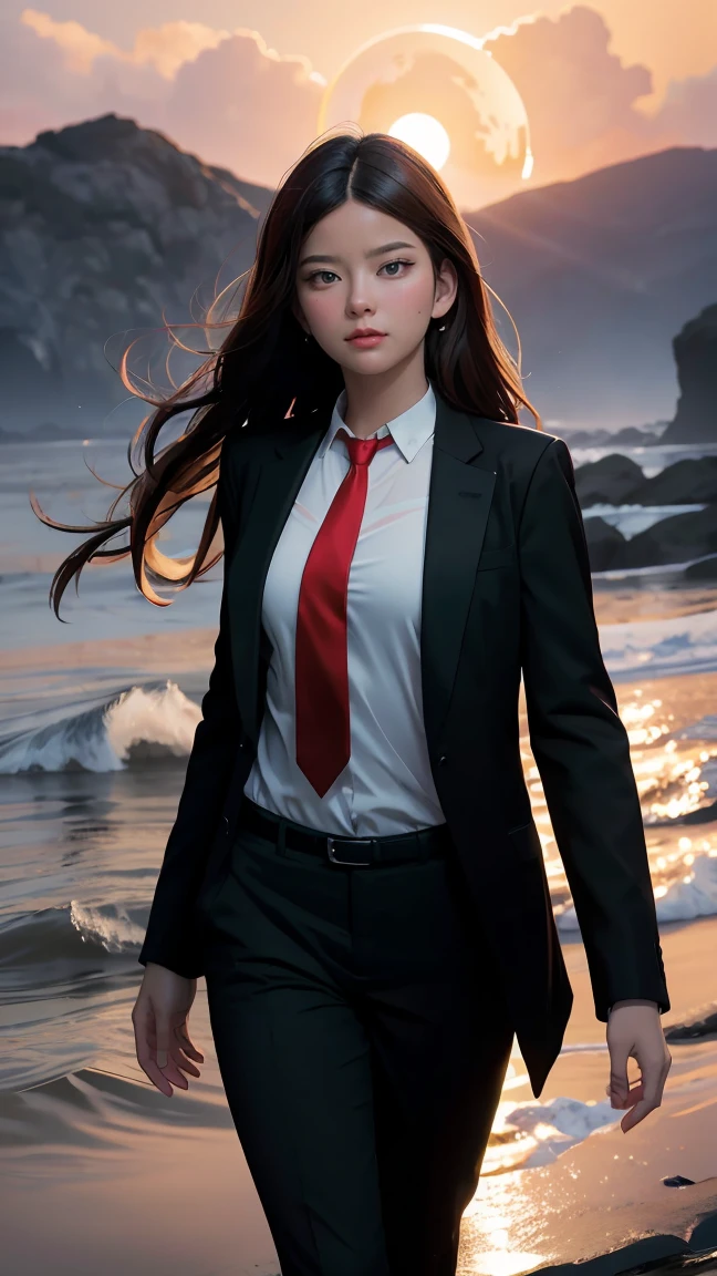 ((Masterpiece, best quality, very detailed), Volumetric light, surrounding occlusion, Rich and colorful, glow), 1 woman, , young girl, (Smooth black), long hair, radius, sacred, goddess, CEO Luke, (black suit, White shirt and red tie:1.3), long black coat, ((a green wind orb on hand)), outdoor, sunset, sky, cloud, (Fantasy Theme:1.2), (full body:0.8)