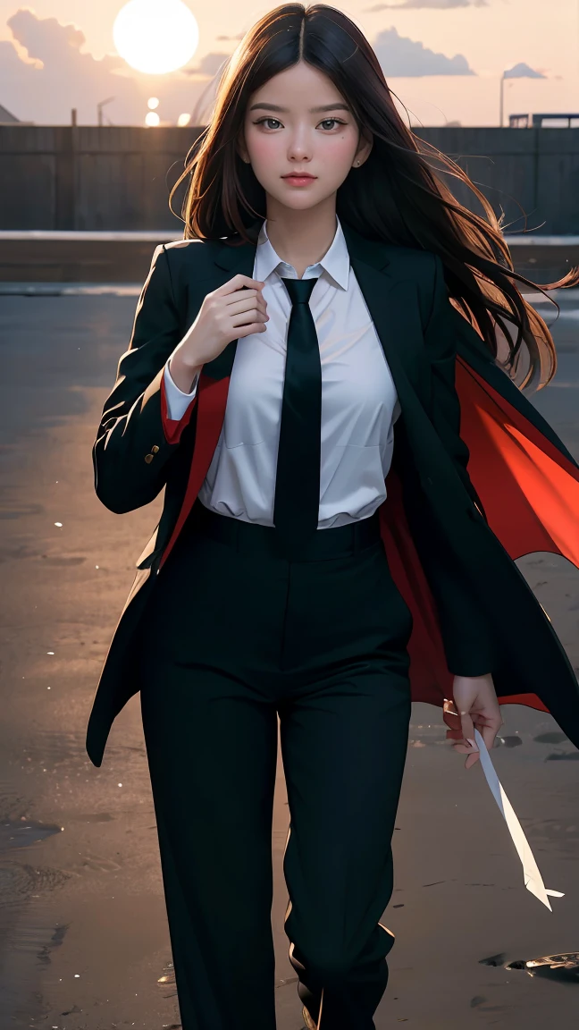 ((Masterpiece, best quality, very detailed), Volumetric light, surrounding occlusion, Rich and colorful, glow), 1 woman, , young girl, (Smooth black), long hair, radius, sacred, goddess, CEO Luke, (black suit, White shirt and red tie:1.3), long black coat, ((a green wind orb on hand)), outdoor, sunset, sky, cloud, (Fantasy Theme:1.2), (full body:0.8)