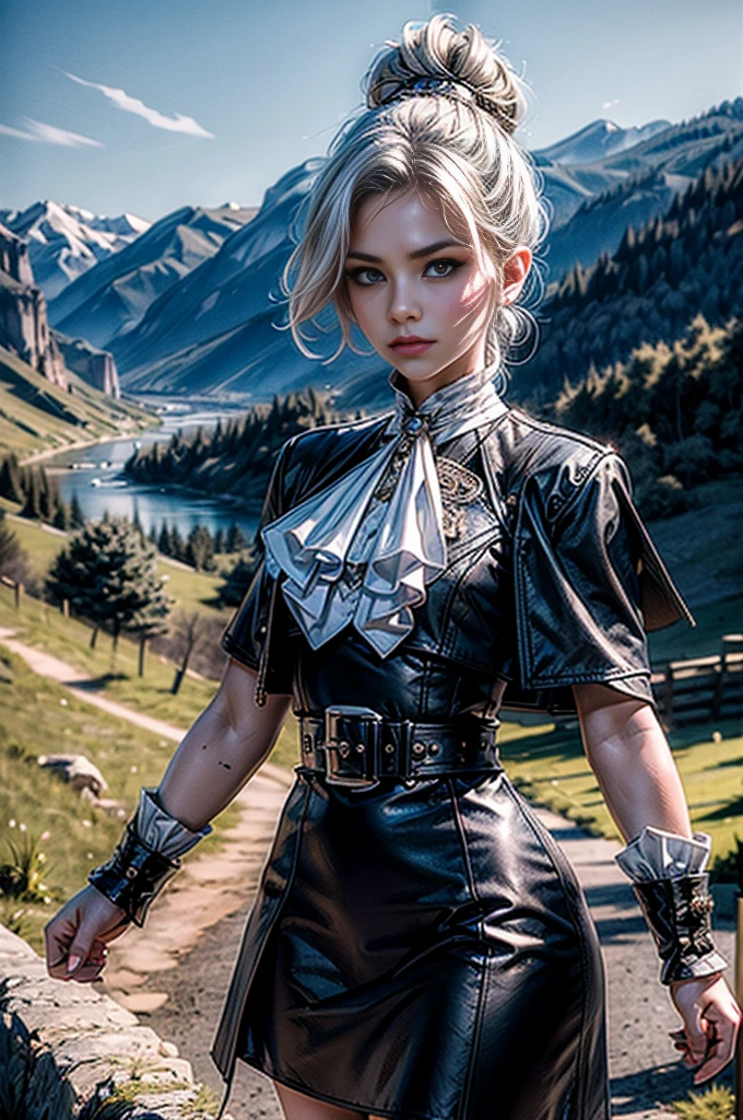 masterpiece,best quality, masterpiece, high detail,detailed face,detailed eyes,rendered eyes,perfect eyes,hip lines,crisp image,detailed,amazing,8k,8k wallpaper,8k background,high detailed skin,high res, (((cowboy shot))), solo, 1girl,looking at viewer,WillowSchnee, white hair tied up in a bun, low on the right side of the back of her head, while her bangs are shaped around the left side of her face and a small, curled lock of hair reaching almost to her shoulders. her attire consists of a black dress, white cravat secured by a silver brooch set with a red stone,  a wide belt around her waist,  black tights and red shoes. serious expression, outdoors, standing near mansion, wedding reception, on mountainside, overlooking valley, river,  (crowd in military uniforms), tables (volumetric lighting), sharp focus, hyper detailed 