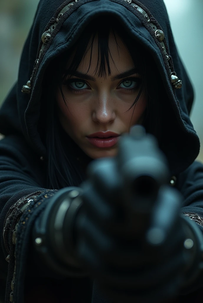 a female assassin, assassin, 1girl, beautiful detailed eyes, beautiful detailed lips, extremely detailed eyes and face, long eyelashes, assassin outfit, assassin gear, assassin pose, assassin action, dark and moody atmosphere, dramatic lighting, cinematic, dark fantasy, highly detailed, intricate, digital art, concept art, hyper realistic, 8k, ultra-detailed, masterpiece, photorealistic, professional, dramatic colors, chiaroscuro lighting