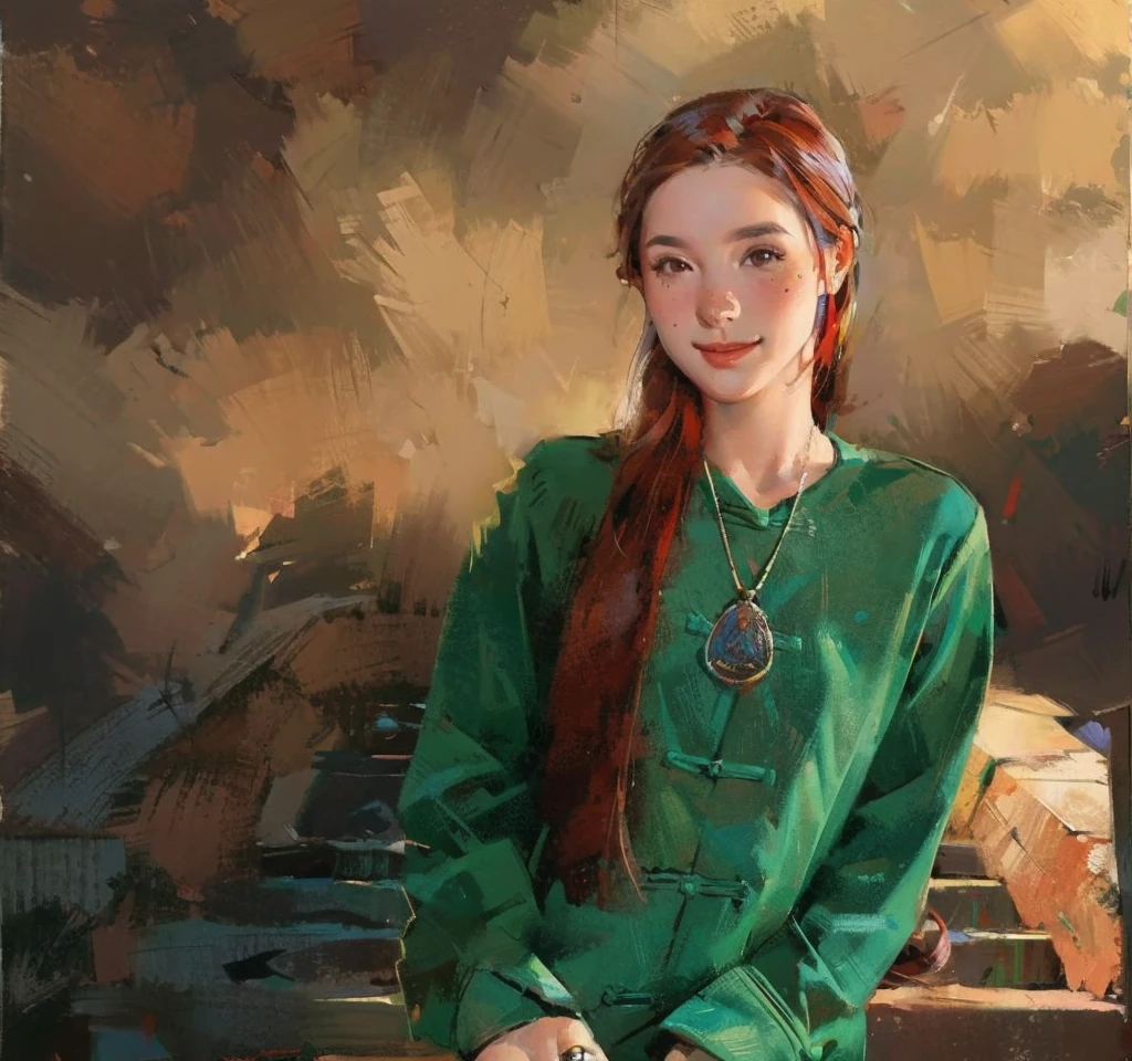 1girl,brown eyes,flower,freckles,gun,jewelry,lily \(flower\),long hair,long sleeves,looking at viewer,mole,necklace,pendant,photo \(medium\),plant,potted plant,red hair,smile,solo,upper body,bichu,oil painting,Impressionism