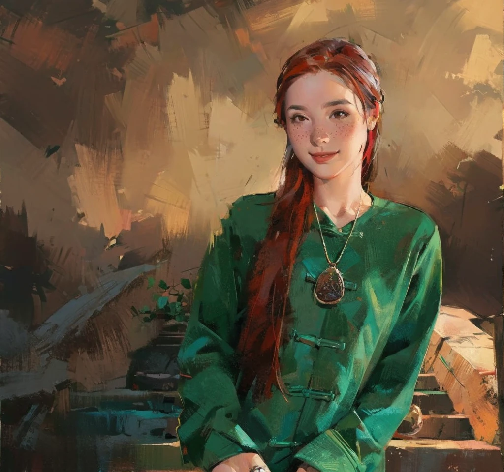 1girl,brown eyes,flower,freckles,gun,jewelry,lily \(flower\),long hair,long sleeves,looking at viewer,mole,necklace,pendant,photo \(medium\),plant,potted plant,red hair,smile,solo,upper body,bichu,oil painting,Impressionism