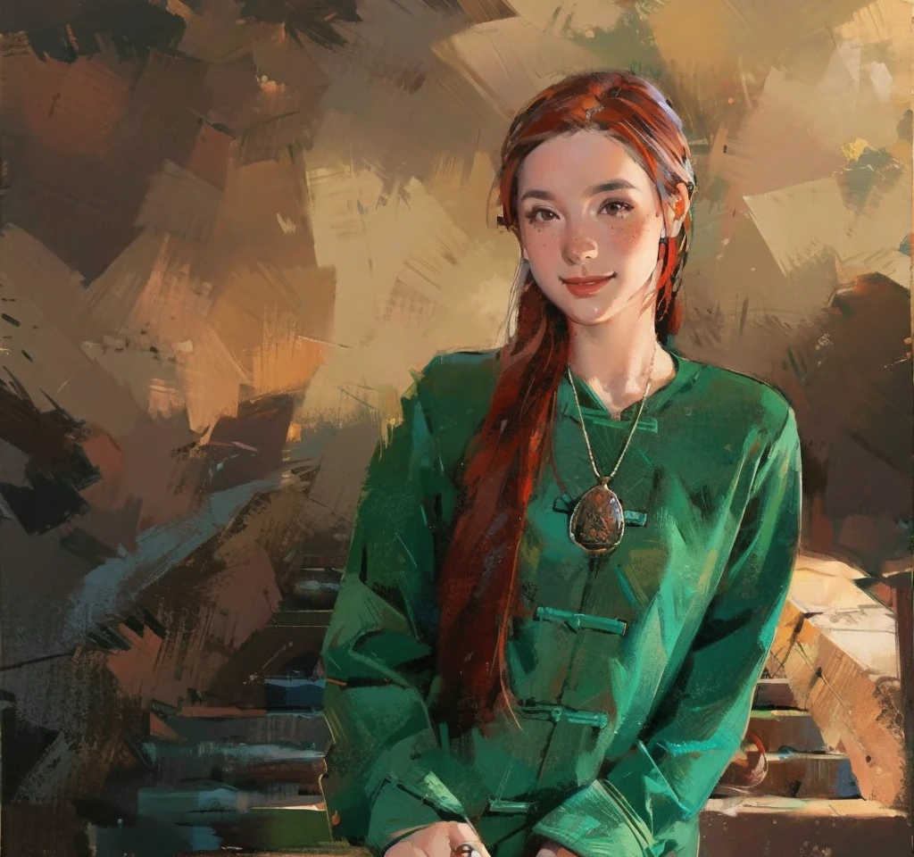 1girl,brown eyes,flower,freckles,gun,jewelry,lily \(flower\),long hair,long sleeves,looking at viewer,mole,necklace,pendant,photo \(medium\),plant,potted plant,red hair,smile,solo,upper body,bichu,oil painting,Impressionism