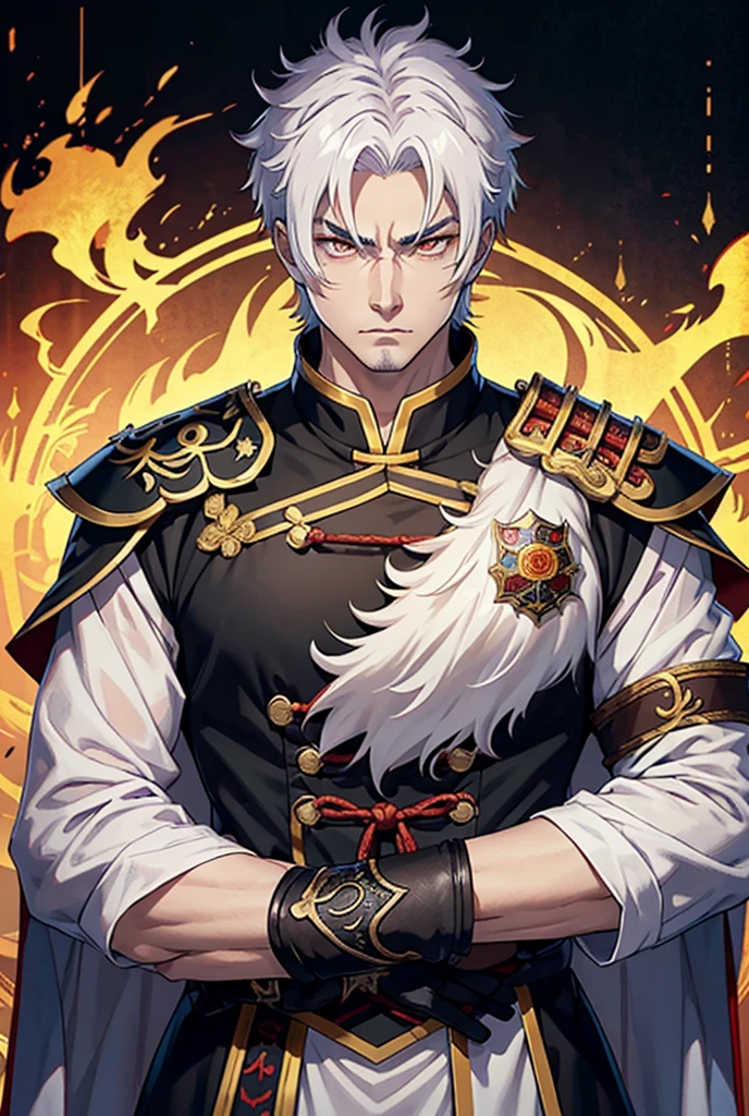 独奏, anatomically correcte, vampyre, warrior, paladin, White hair, heterochromia, golden eye, confident, safe, brawny, stark, Cao Cao, muito Cao Cao, muito stark, Russian general&#39;s outfit, gold Crown.bangs between eyes, hair with highlights, slickedback hair, Seriously, 