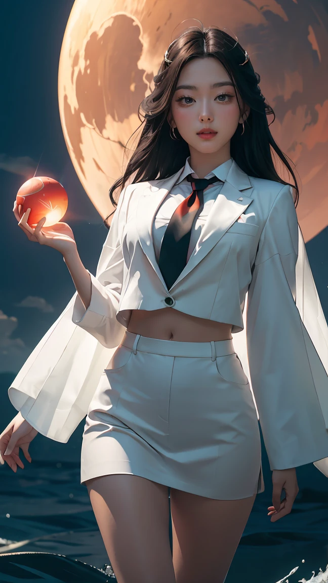 ((Masterpiece, best quality, very detailed), Volumetric light, surrounding occlusion, Rich and colorful, glow), 1 woman, , young girl, (Smooth black), long hair, radius, sacred, goddess, CEO Luke, (black suit, White shirt and red tie:1.3), long black coat, ((a green wind orb on hand)), outdoor, sunset, sky, cloud, (Fantasy Theme:1.2), (full body:0.8)