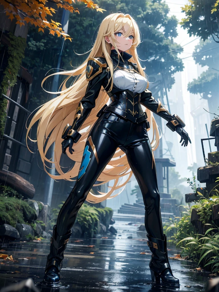 Modern anime-style digital painting of a 2 female teacher in a frontal view and action pose during an autumn day, soaked by rain with dramatic lightning in the background. She is 165 cm tall, with measurements of 91-61-81 cm, and has waist-length, wavy blond hair with V bangs and bright blue eyes. Emitting a golden aura, she stands dynamically with one leg raised on a fallen log. She wears a ruffled white blouse, a black corset, skinny tight blue jeans, and high black boots, all drenched by the rain. The scene is set against rich autumn foliage and vivid lightning, enhancing the intense and mystical atmosphere.