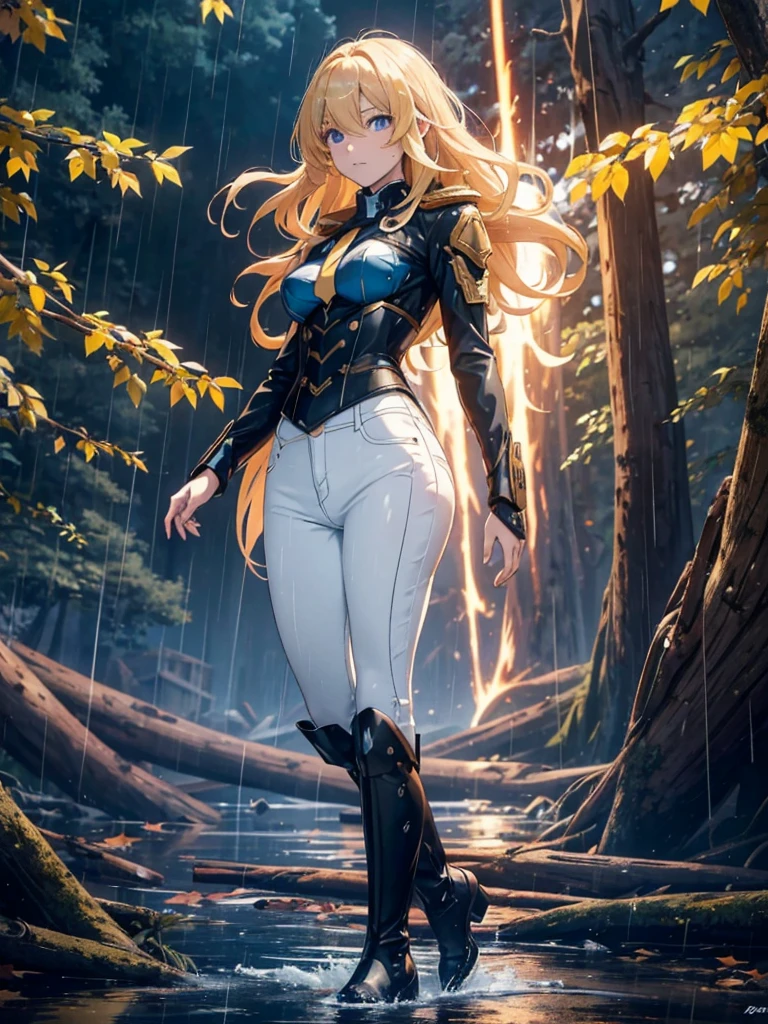 Modern anime-style digital painting of a 2 female teacher in a frontal view and action pose during an autumn day, soaked by rain with dramatic lightning in the background. She is 165 cm tall, with measurements of 91-61-81 cm, and has waist-length, wavy blond hair with V bangs and bright blue eyes. Emitting a golden aura, she stands dynamically with one leg raised on a fallen log. She wears a ruffled white blouse, a black corset, skinny tight blue jeans, and high black boots, all drenched by the rain. The scene is set against rich autumn foliage and vivid lightning, enhancing the intense and mystical atmosphere.