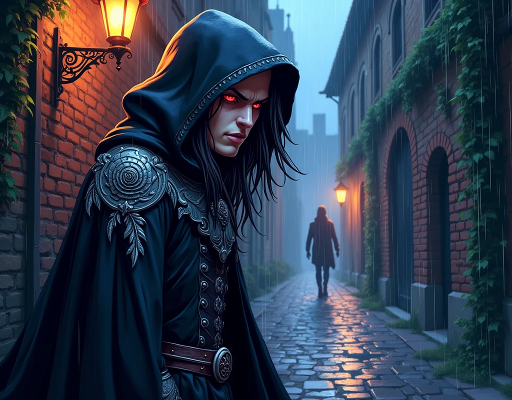 Epic cartoon art, bright colors. Close-up side view of a cloaked vampire assassin peeking from a corner of a night alley of a Gothic city and holding a sharp ornate crystal blade. The assassin has crimson eyes, long flowing raven hair streaked with silver. His cloak is deep black, adorned with intricate silver embroidery depicting thorny roses and eerie bats. The night alley is dimly lit by a flickering gas lamp, revealing crumbling brick walls covered in creeping ivy and moss. Heavy rain, wet cobblestone. A lone tall figure walks in the distance.