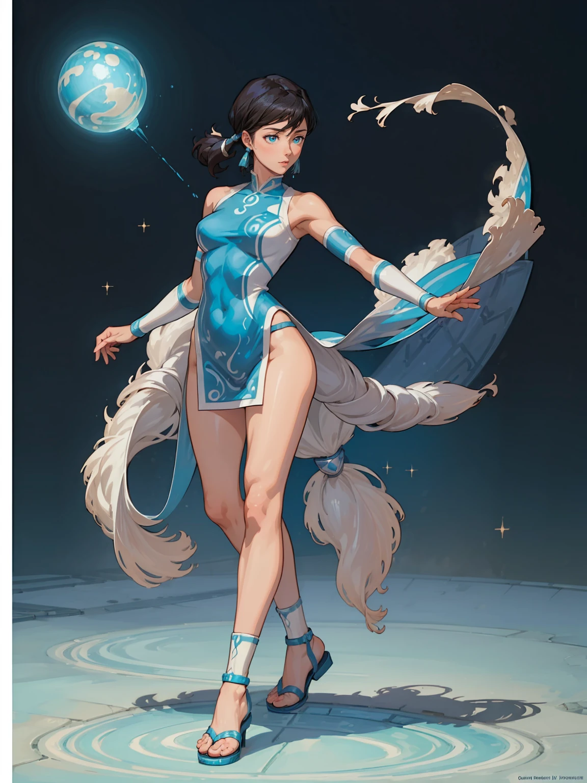 ((Full body shot, standing, feet on the ground))  1girl, solo, (masterpiece), best quality, ultra-detailed, Korra from Avatar, Retro style, full body. fashion cloth, fancy. waterbending, happy, sexy smiling,  gladiator sandals, 