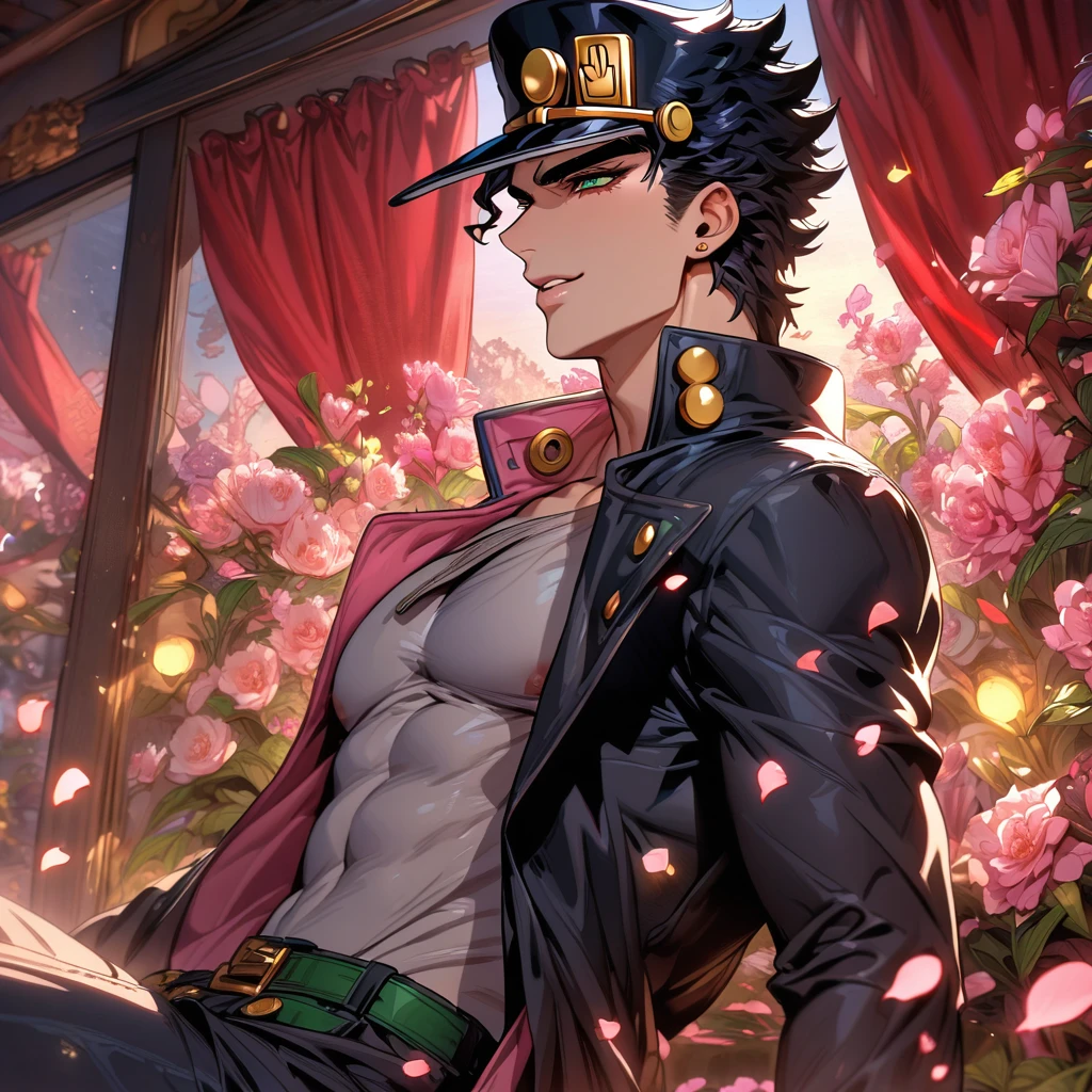 Ultra detailed, highres, absurdres, HDR, master piece, Kujo Jotaro, black hair, expressive green eyes, black cap, black long coat, gray shirt, Jojo's Bizarre Adventure, solo, pink flowers, petals, moon, sexy man, handsome, best quality, fantasy, magical, lewd, pink shining fireflies, sensual, window, red curtains, horny, handsome smile