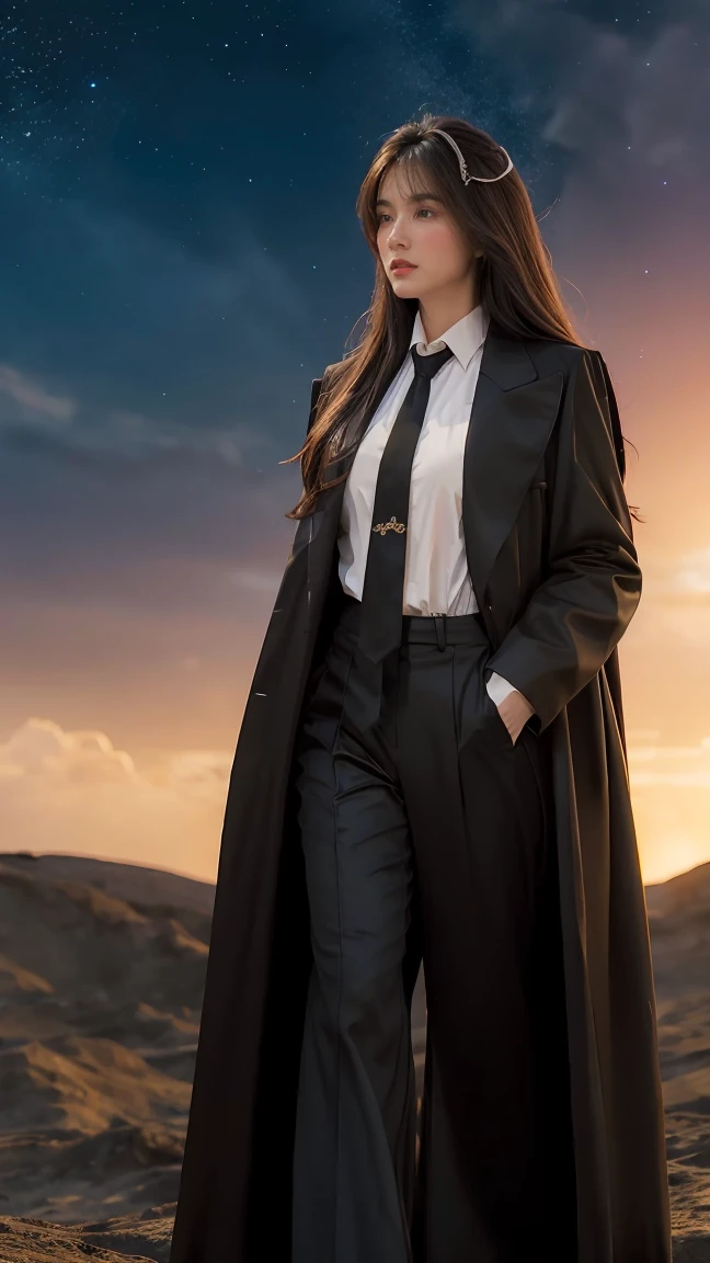 ((Masterpiece, best quality, very detailed), Volumetric light, surrounding occlusion, Rich and colorful, glow), 1 woman, lonely, young girl, (Brown bangs), long hair, radius, radius, sacred, goddess, Priesthood, (ฺBlack long suit coat with a white shirt and trousers with necktie:1.3), armor, outdoor, sunset, sky, cloud, space, (Fantasy Theme:1.2),