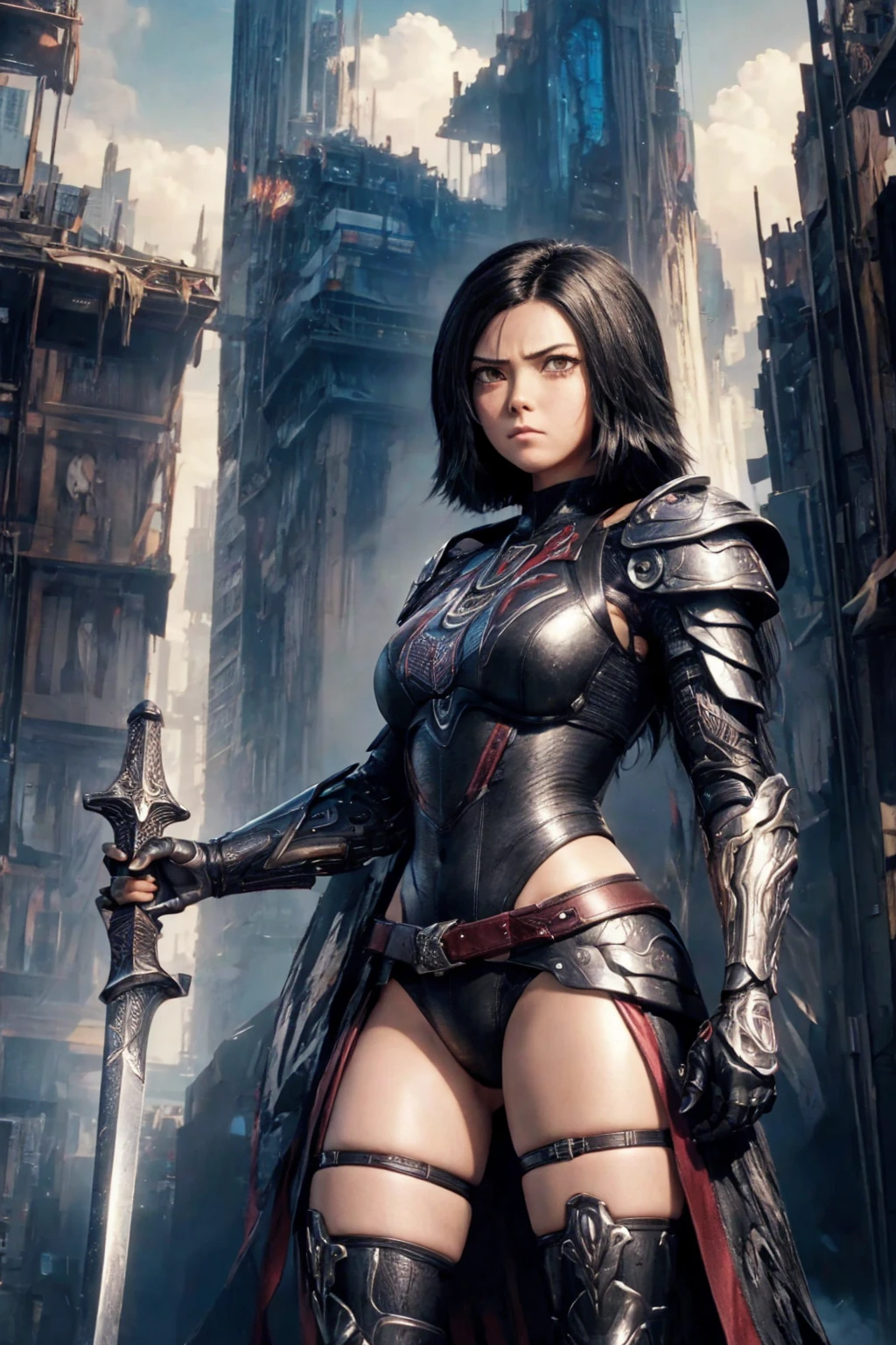 1 , solo, high resolution, gazing at viewer, shorth hair, Bblack hair, Eyes red, Alita, holding a giant sword on his shoulders, background explosion, shoulder armor, bikini armor, long thigh high boots, angry expression on her face, thighs showing,  neckleace, cyberpunk city devoid of background, thick, muscular thighs, beautiful athletic body, left hand on waist, athletic adult body