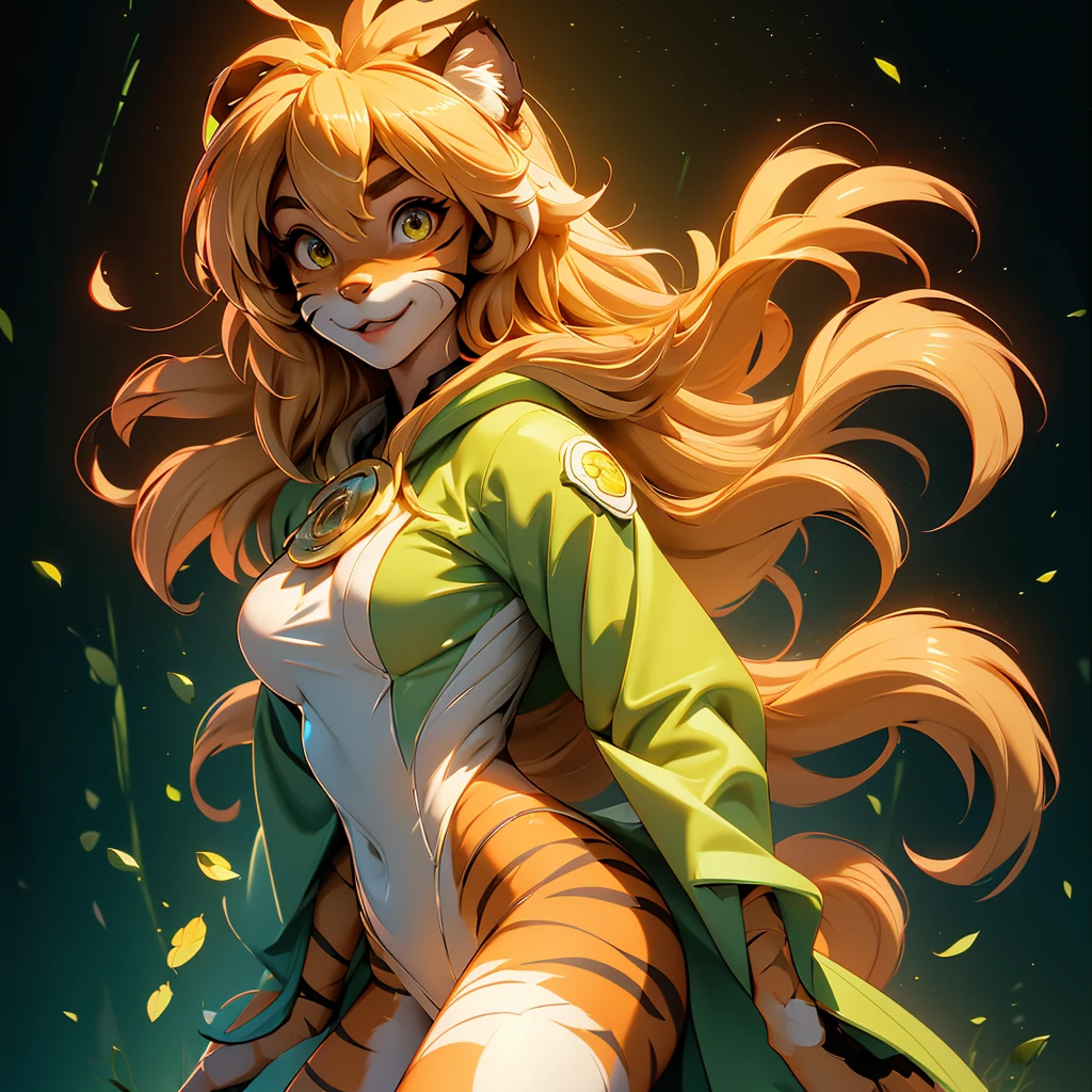 envision a 8k, highres, cinematic, beautiful extreme close up face Pinup of a cute furry female anthro, with a slender muscular body, (((short blonde hair))), long bangs, yellow eyes, Orange and White Fur, Tiger Stripes, Green Jacket, ((((! Girl)))), ((Flora Twokinds)), in dark lighting, against a dark gray background