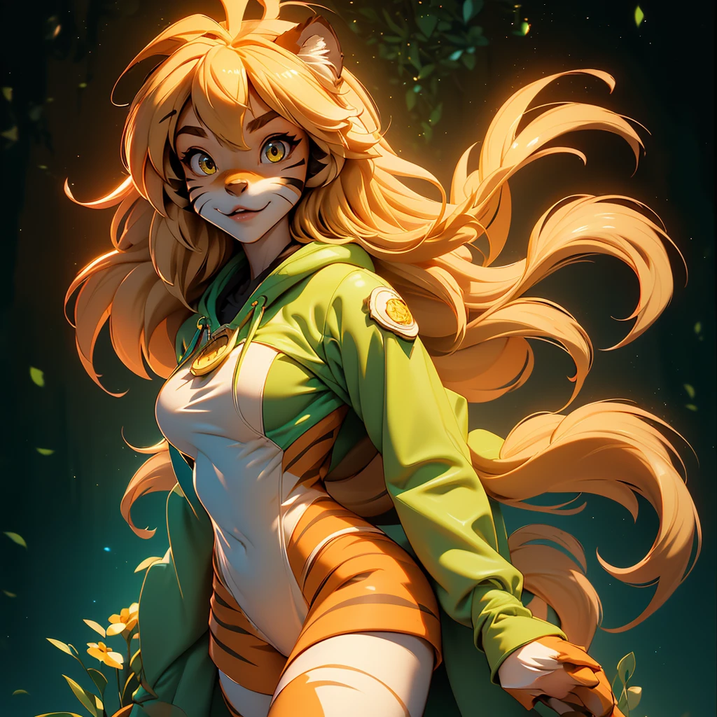 envision a 8k, highres, cinematic, beautiful extreme close up face Pinup of a cute furry female anthro, with a slender muscular body, (((short blonde hair))), long bangs, yellow eyes, Orange and White Fur, Tiger Stripes, Green Jacket, ((((! Girl)))), ((Flora Twokinds)), in dark lighting, against a dark gray background