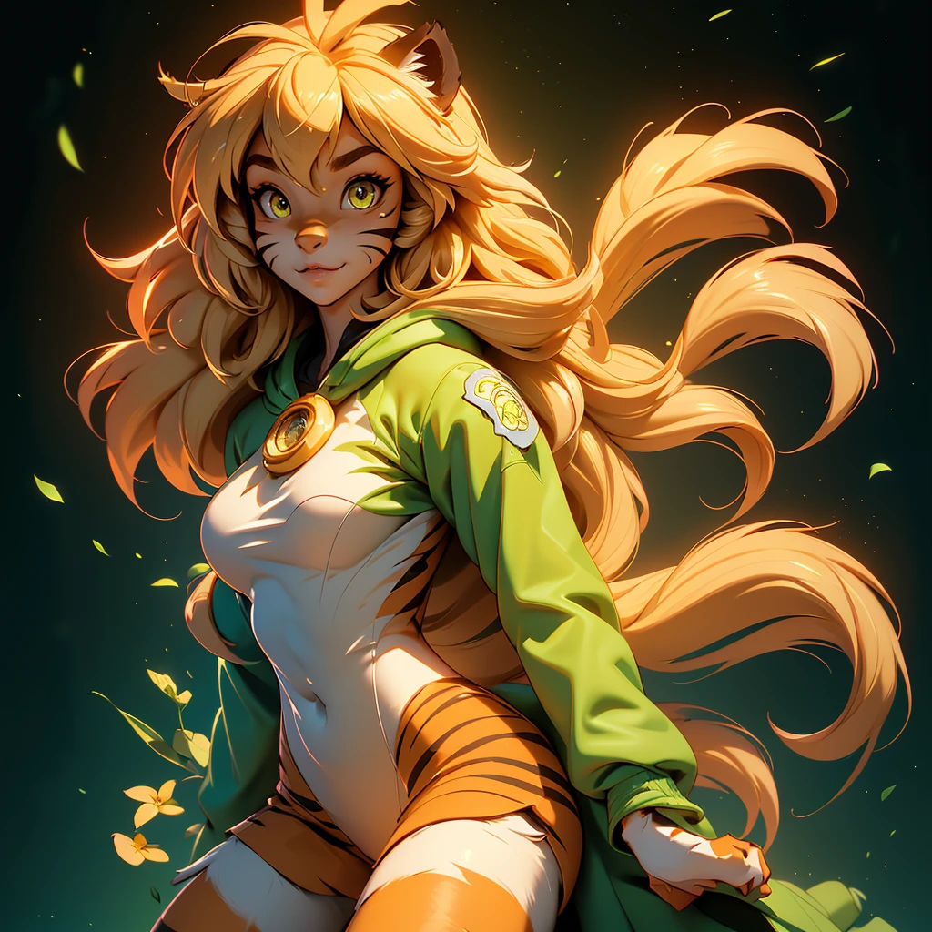 envision a 8k, highres, cinematic, beautiful extreme close up face Pinup of a cute furry female anthro, with a slender muscular body, (((short blonde hair))), long bangs, yellow eyes, Orange and White Fur, Tiger Stripes, Green Jacket, ((((! Girl)))), ((Flora Twokinds)), in dark lighting, against a dark gray background