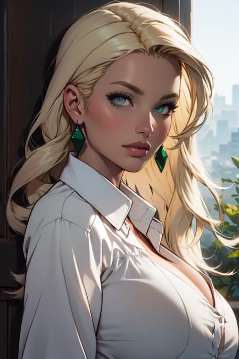 woman, ((big breasts)),  beautiful detailed eyes, long blonde hair, green-grey eyes, open white silk blouse,  earrings,   perfec...