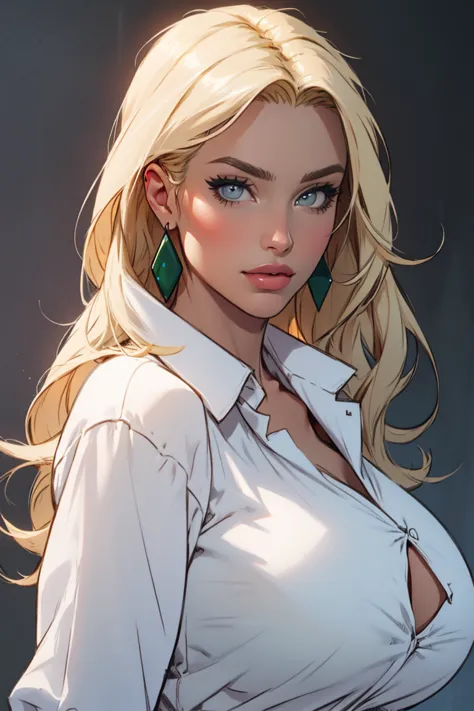 woman, ((big breasts)),  beautiful detailed eyes, long blonde hair, green-grey eyes, open white silk blouse,  earrings,   perfec...