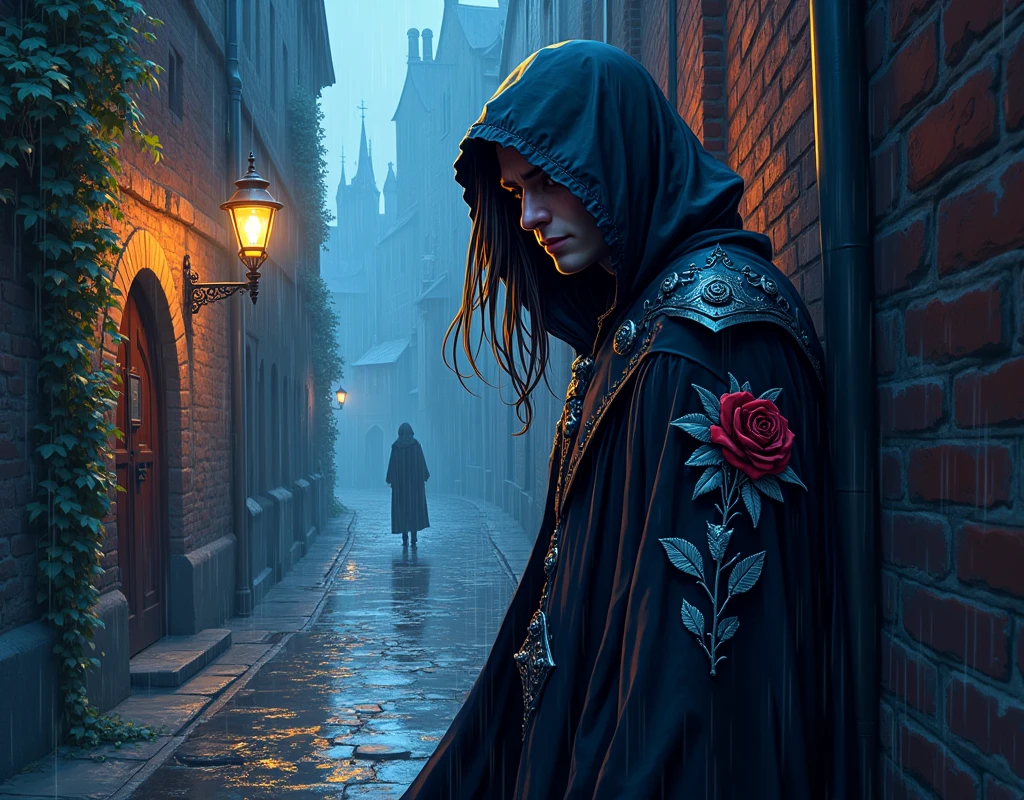 Epic cartoon art, bright colors. Close-up side view of a cloaked vampire assassin peeking from a corner of a night alley of a Gothic city and holding a sharp ornate crystal blade. The assassin has crimson eyes, long flowing raven hair streaked with silver. His cloak is deep black, adorned with intricate silver embroidery depicting thorny roses and eerie bats. The night alley is dimly lit by a flickering gas lamp, revealing crumbling brick walls covered in creeping ivy and moss. Heavy rain, wet cobblestone. A lone tall figure walks in the distance.