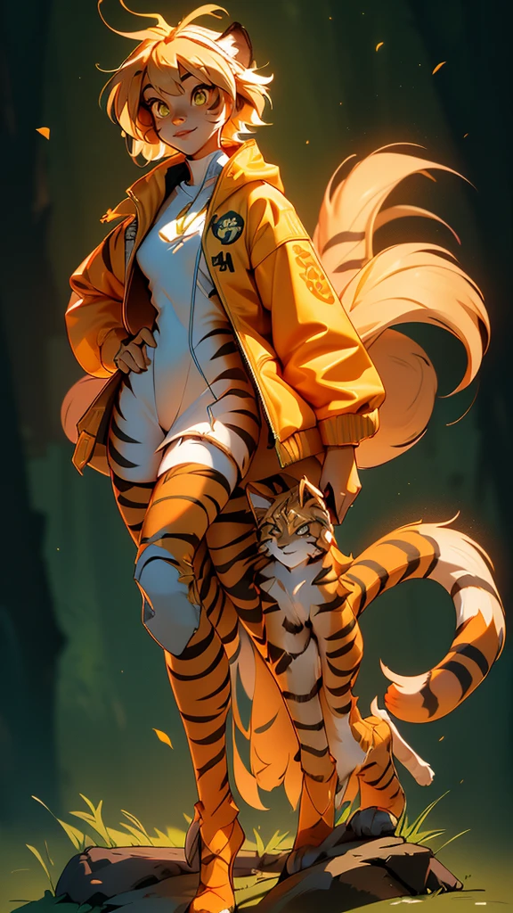 envision a 8k, highres, cinematic, beautiful full body Pinup of a cute sexy furry female anthro, with a slender petite body, (((short blonde hair))), long bangs, yellow eyes, Orange and White Fur, Tiger Stripes, Green Jacket, ((((! Girl)))), ((Flora Twokinds)), in dark lighting, against a dark gray background