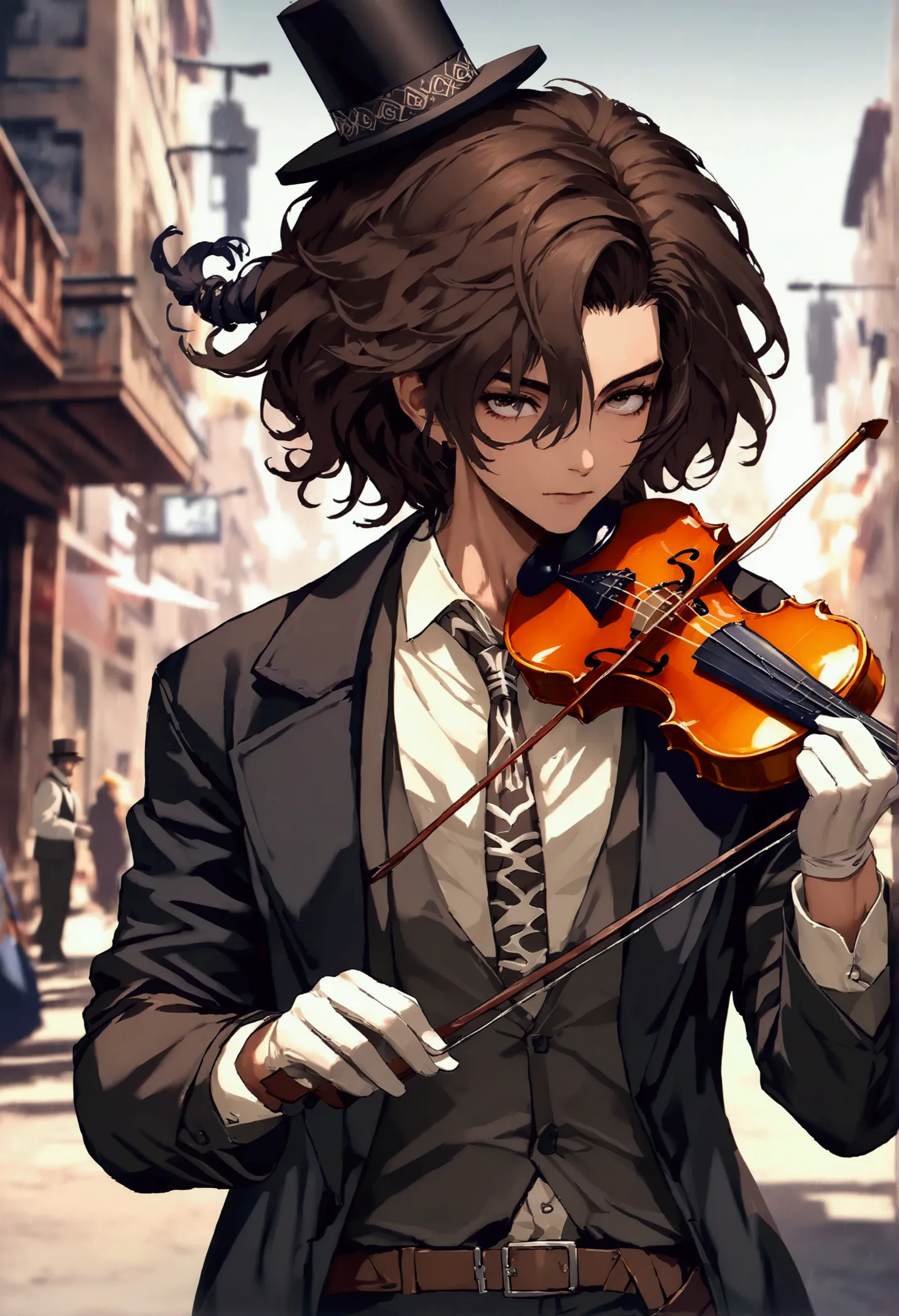 brook is an extremely tall esqueleto dressed in formal attire complete with top hat and cane. has an afro hair. playing a violin...