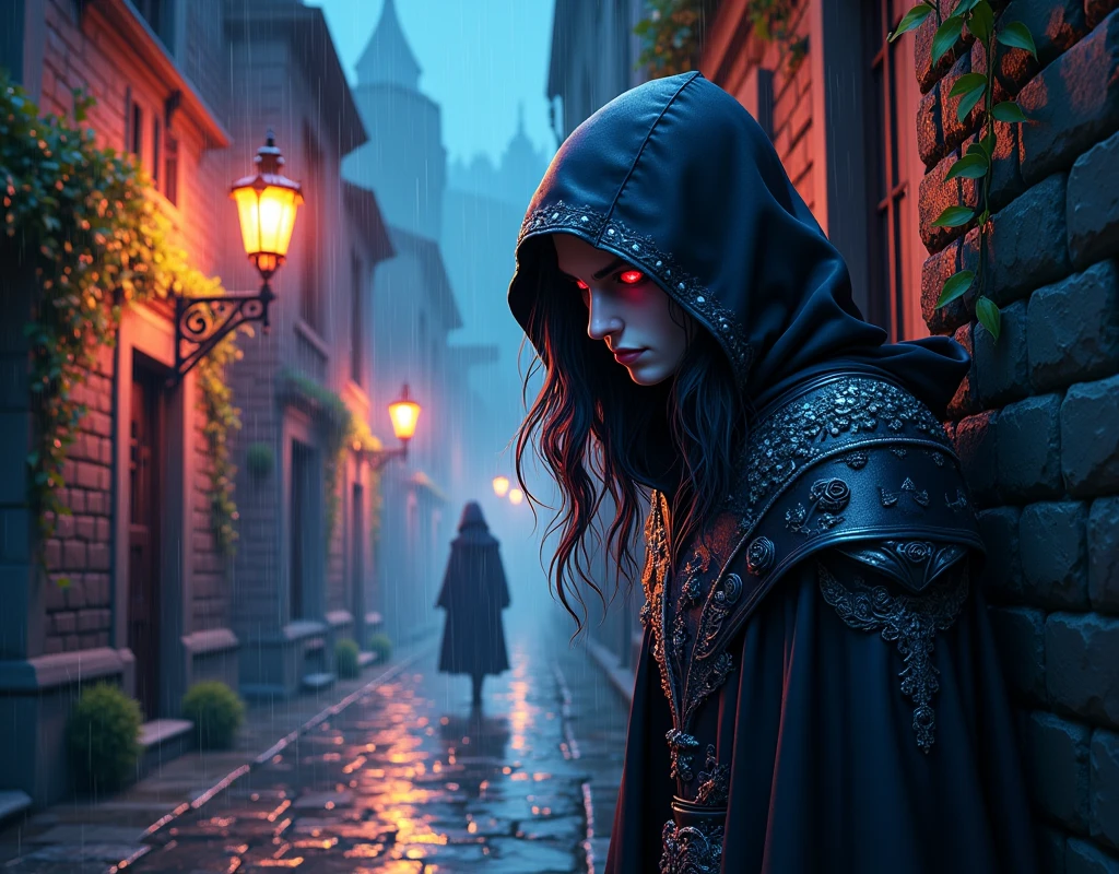 Epic cartoon art, bright colors. Close-up side view of a cloaked vampire assassin peeking from a corner of a night alley of a Gothic city and holding a sharp ornate crystal blade. The assassin has crimson eyes, long flowing raven hair streaked with silver. His cloak is deep black, adorned with intricate silver embroidery depicting thorny roses and eerie bats. The night alley is dimly lit by a flickering gas lamp, revealing crumbling brick walls covered in creeping ivy and moss. Heavy rain, wet cobblestone. A lone tall figure walks in the distance.