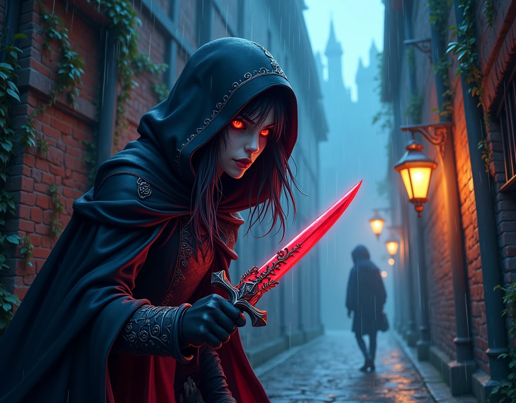 Epic cartoon art, bright colors. Close-up side view of a cloaked vampire assassin peeking from a corner of a night alley of a Gothic city and holding a sharp ornate crystal blade. The assassin has crimson eyes, long flowing raven hair streaked with silver. His cloak is deep black, adorned with intricate silver embroidery depicting thorny roses and eerie bats. The night alley is dimly lit by a flickering gas lamp, revealing crumbling brick walls covered in creeping ivy and moss. Heavy rain, wet cobblestone. A lone tall figure walks in the distance.