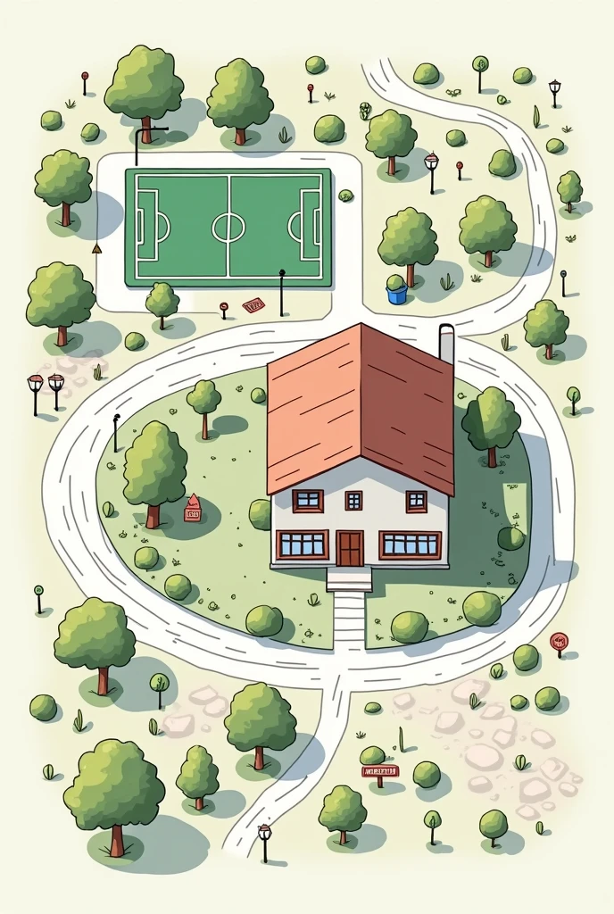 Create a manga style drawing 2, as if it were a map showing a neighborhood with the location of a house to the soccer field. The map must have a top view with only one dimension.