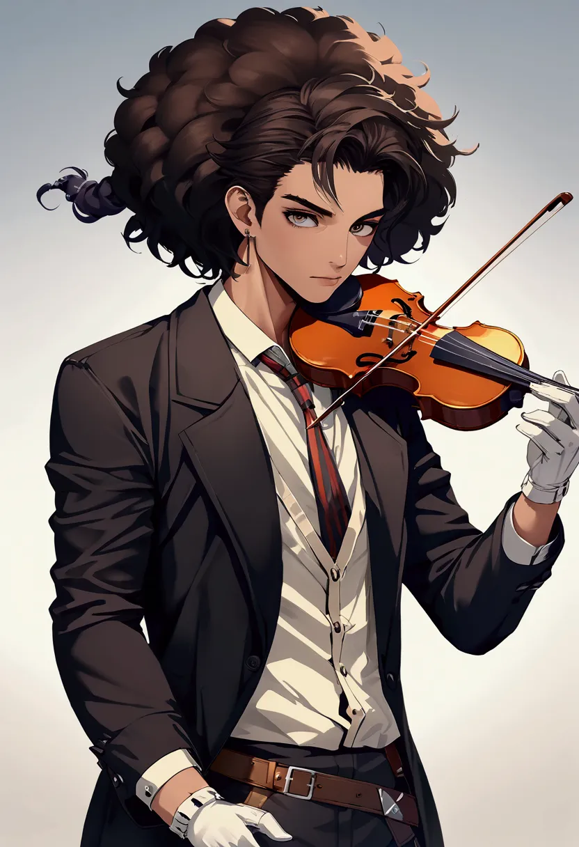 brook is an extremely tall esqueleto dressed in formal attire complete with top hat and cane. has an afro hair. playing a violin...