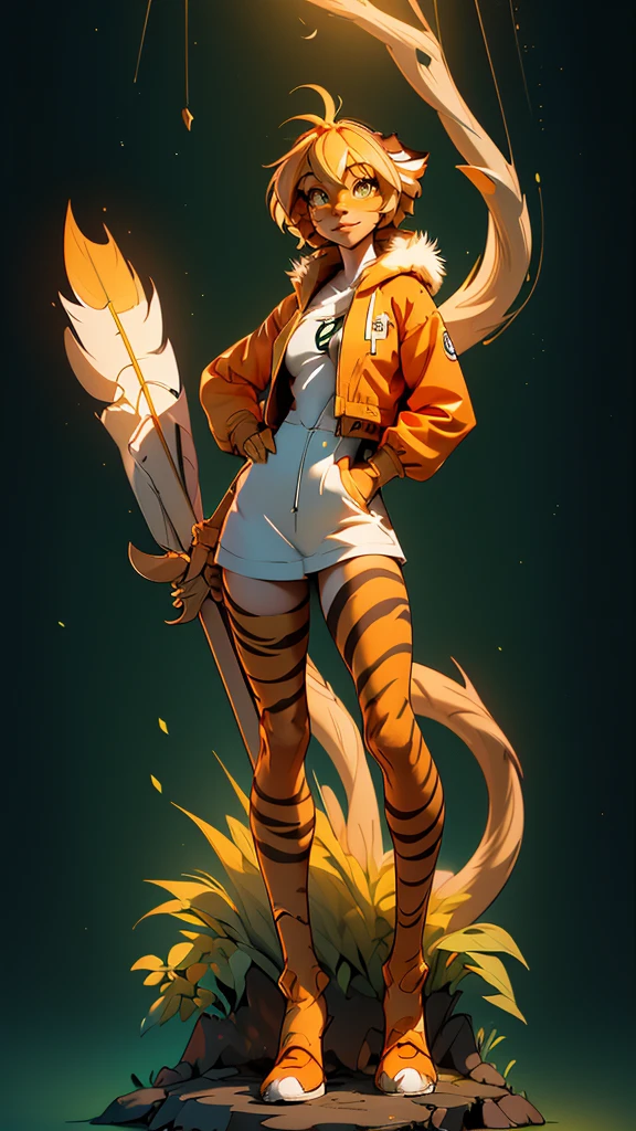 envision a 8k, highres, cinematic, beautiful full body Pinup of a cute sexy furry female anthro, with a slender petite body, (((short blonde hair))), long bangs, yellow eyes, Orange and White Fur, Tiger Stripes, Green Jacket, ((((! Girl)))), ((Flora Twokinds)), in dark lighting, against a dark gray background