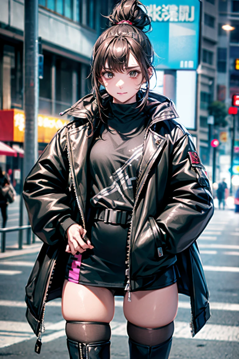 She is taking a photo wearing a black jacket and a black skirt., Fluffy ponytail,Wearing boots,Wear a jacket, cyber future jacket, Bright Cyberpunk Glow, egirl, AND - , Cyberpunk anime in hoodie, wearing Cyberpunk Streetwear, Cyberpunk anime, Cyberpunk Streetwear,Photos of women in techwear,Cyberpunk Style,Extreme ta girl