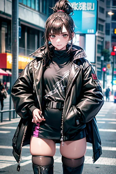 she is taking a photo wearing a black jacket and a black skirt., fluffy ponytail,wearing boots,wear a jacket, cyber future jacke...