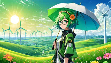 anime girl with green hair and glasses on her head, anime girl with umbrella and flowers, short haired gumi megpoid, anime girl ...