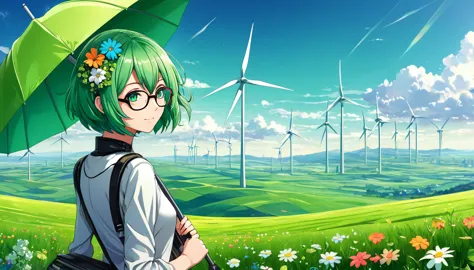 anime girl with green hair and glasses on her head, anime girl with umbrella and flowers, short haired gumi megpoid, anime girl ...