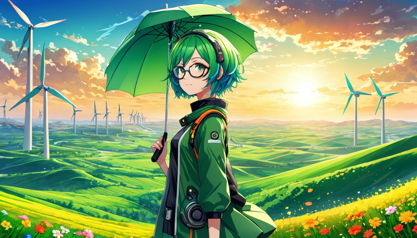 Anime girl with green hair and glasses on her head, anime girl with umbrella and flowers, short haired Gumi Megpoid, anime girl with green hair with blue tips, (anime girl), anime girl from the future, Vocaloid, A futuristic solarpunk style landscape, rolling green hills, wind turbines, hazy sky with warm sun, metallic and glass architecture, intricate detailed mechanical elements, vibrant colors, visible sky