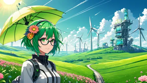 anime girl with green hair and glasses on her head, anime girl with umbrella and flowers, short haired gumi megpoid, anime girl ...